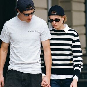 Sporty & Rich SRC Wool Striped Crewneck Knit Sweater Top Navy Off White